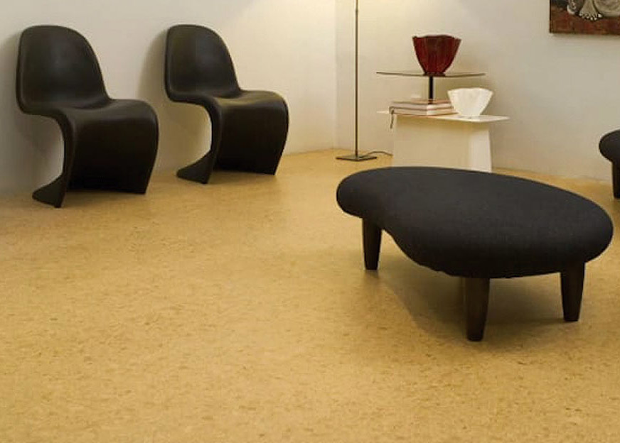 Room with black furniture and cork flooring