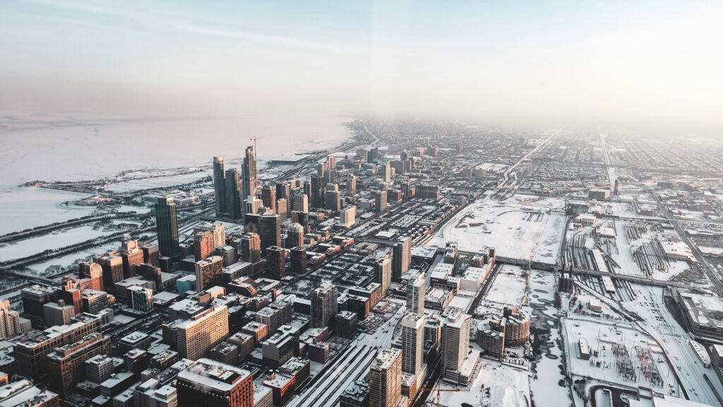 Aerial view of downtown Chicago with snow